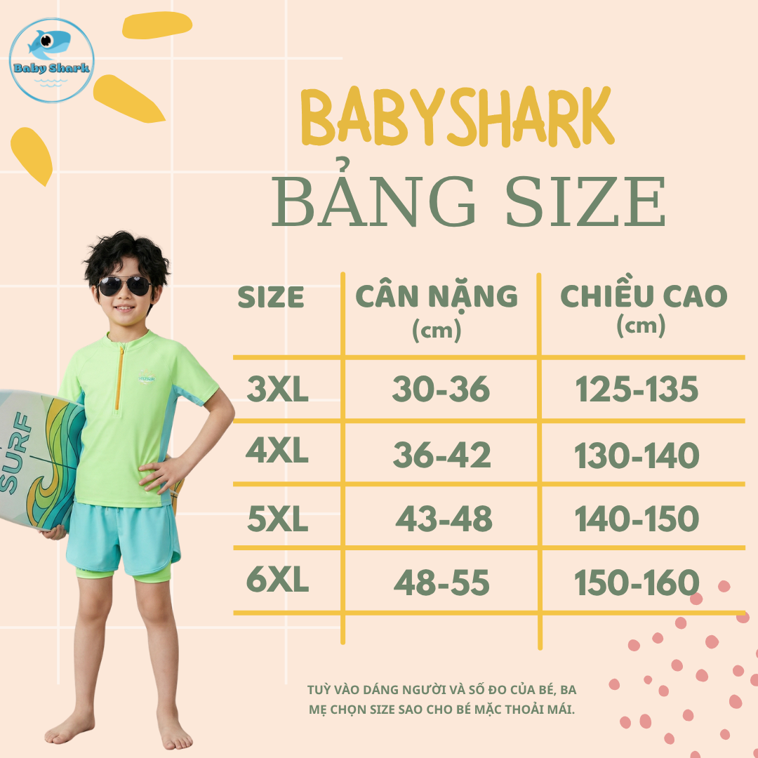 Bảng Size T24 - Set Bơi Tay Đùi Quần Đùi Bé Trai 2 Lớp