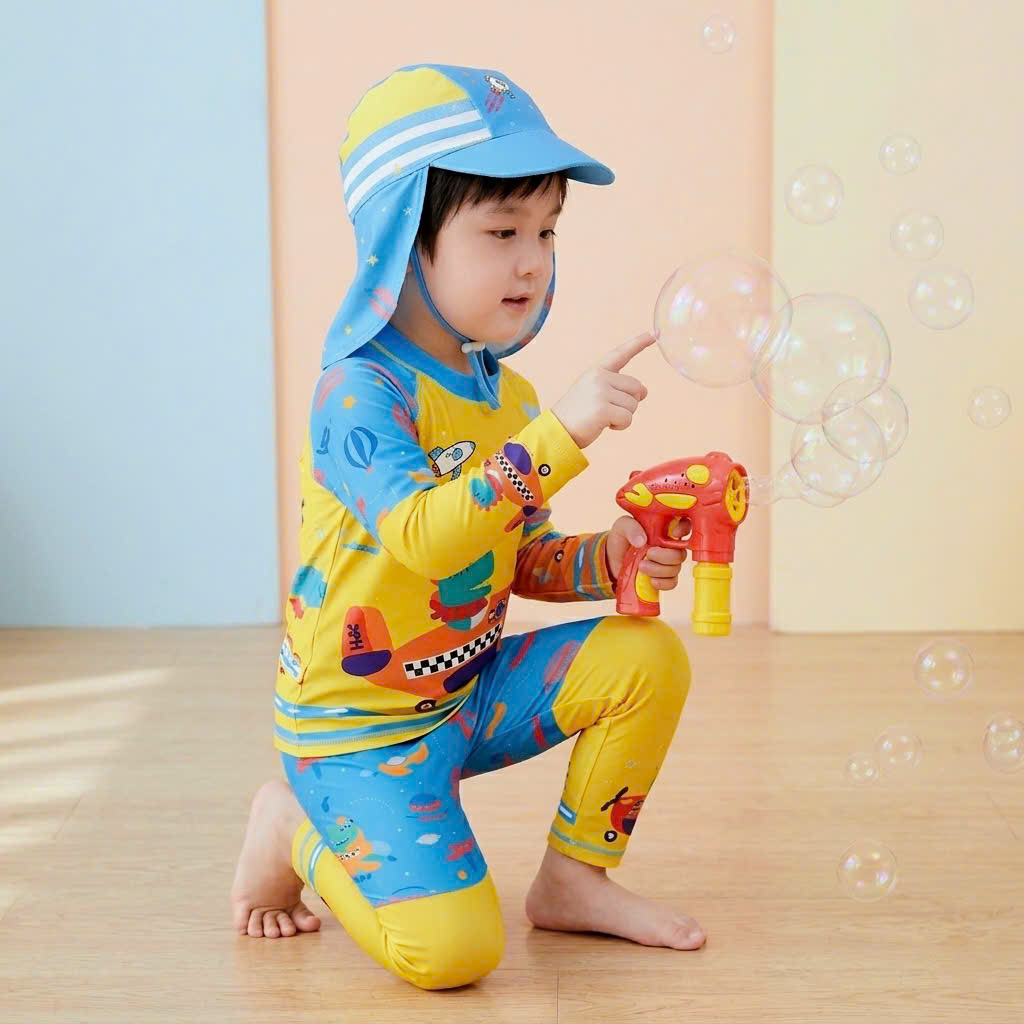 T88 - Set Bơi Tay Dài Quần Dài Kèm Nón Che Gáy Bé Trai image 1