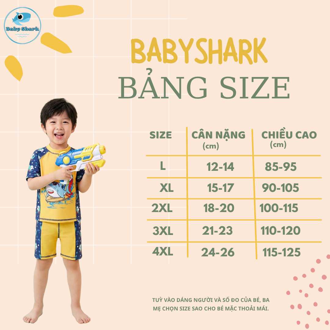T32 set bơi bé trai tay ngắn quần đùi cá mập vàng image 2
