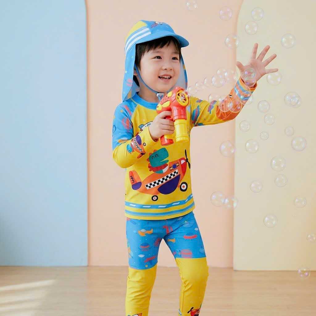 T88 - Set Bơi Tay Dài Quần Dài Kèm Nón Che Gáy Bé Trai image 2