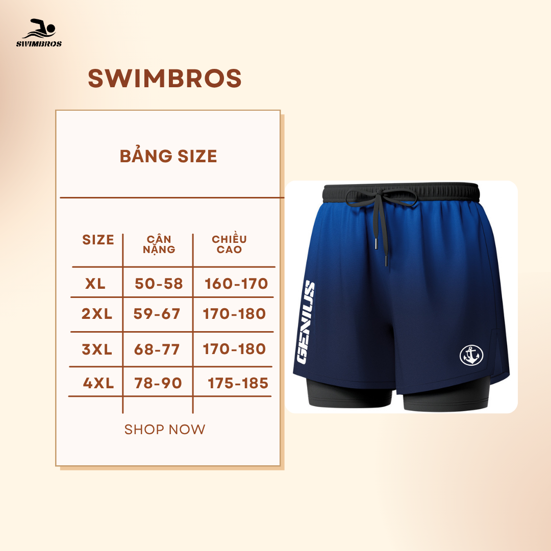 Bảng Size B10 - Quần bơi nam 2 lớp màu xanh đen Swimbros