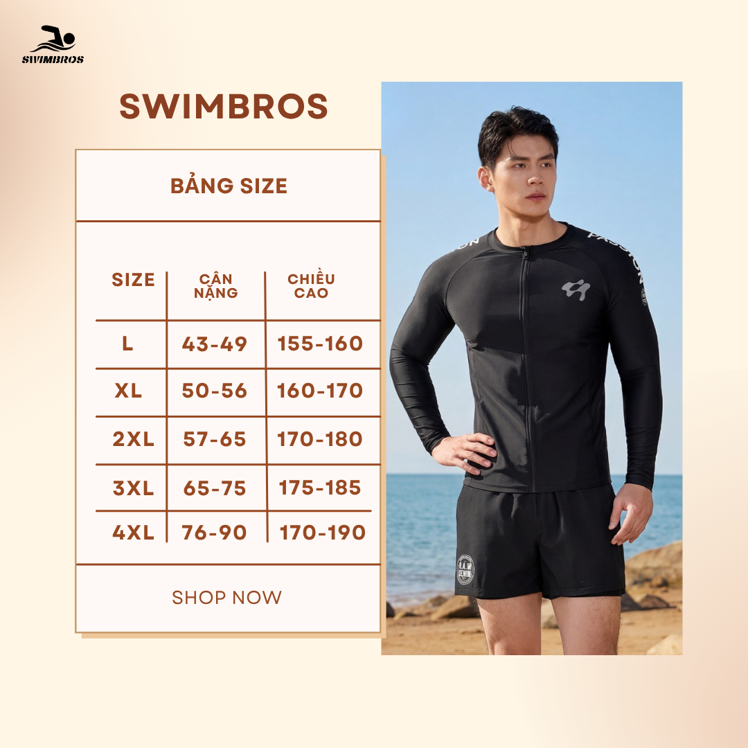 Bảng Size Set Đồ Bơi Nam Tay Dài SwimBros B11 Màu Đen – Chống Nắng, Co Giãn, Dáng Thể Thao