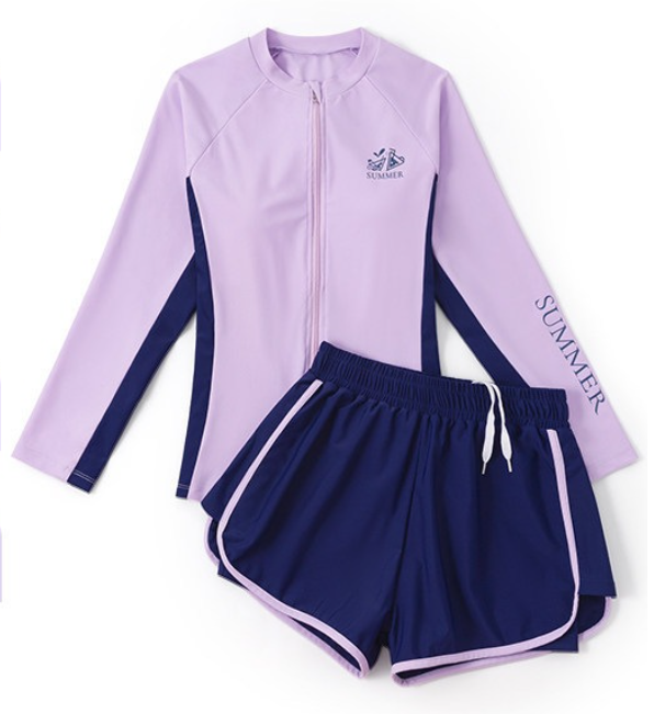 Bảng Size G61-Đồ bơi bé gái tay dài 2 mảnh chống nắng, áo khóa kéo quần short màu tím xanh