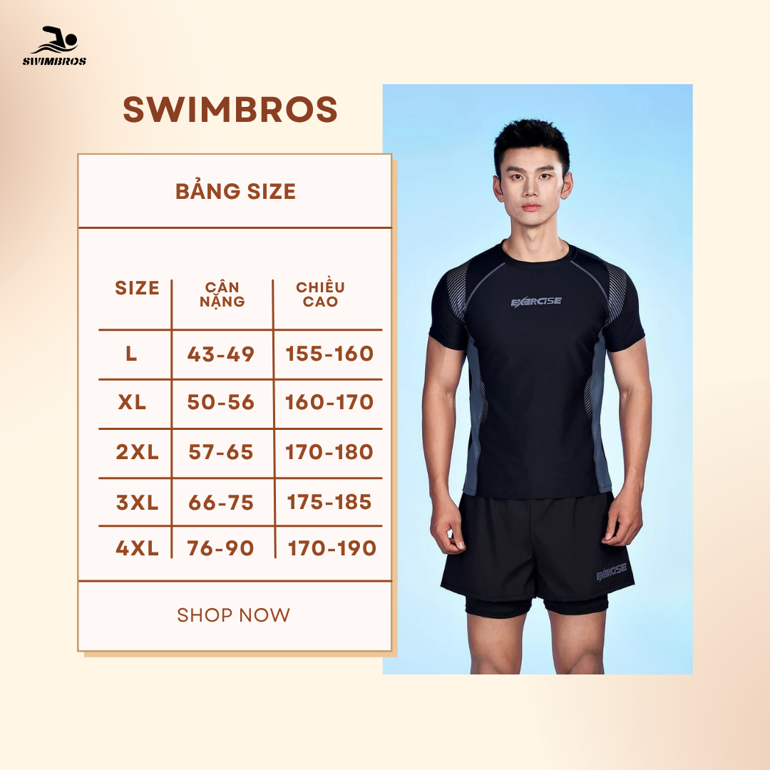 Bảng Size Set Đồ Bơi Nam Tay Ngắn SwimBros B8 – Áo Tay Ngắn, Quần Đùi, Co Giãn, Dáng Thể Thao