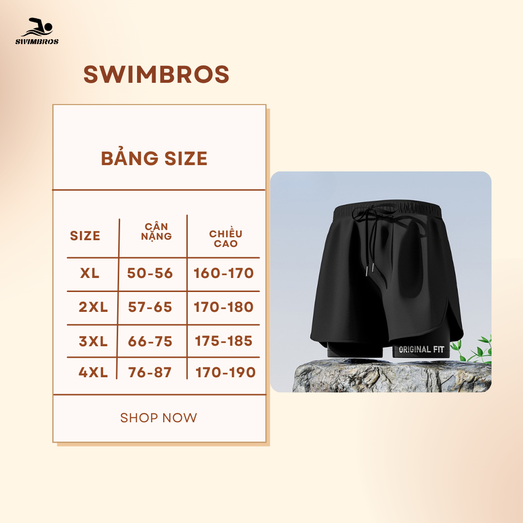 Bảng Size B9 - Quần bơi nam 2 lớp màu đen Swimbros