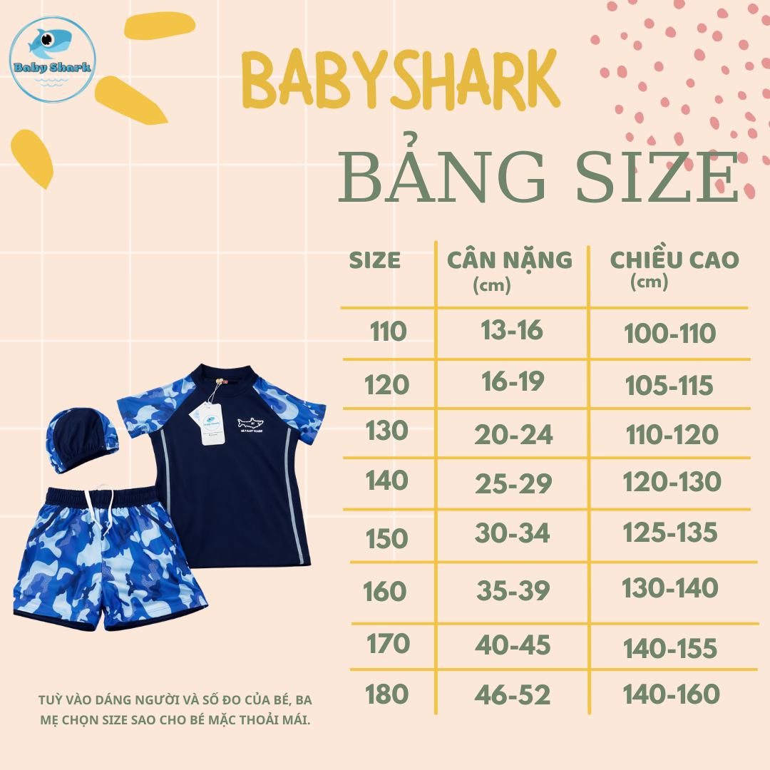 Bảng Size T42 - Set Bơi Tay Đùi Quần Đùi Bé Trai 2 Lớp
