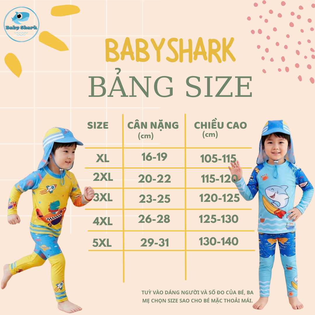 Bảng Size T88 - Set Bơi Tay Dài Quần Dài Kèm Nón Che Gáy Bé Trai