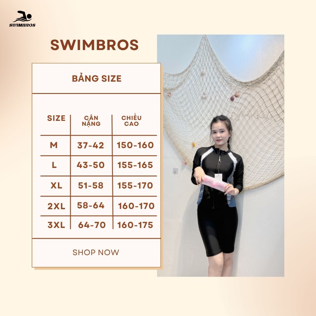 Bảng Size Bộ Đồ Bơi Nữ SwimBros S67 – Áo Tay Dài, Quần Lửng 5 Tấc Kín Đáo