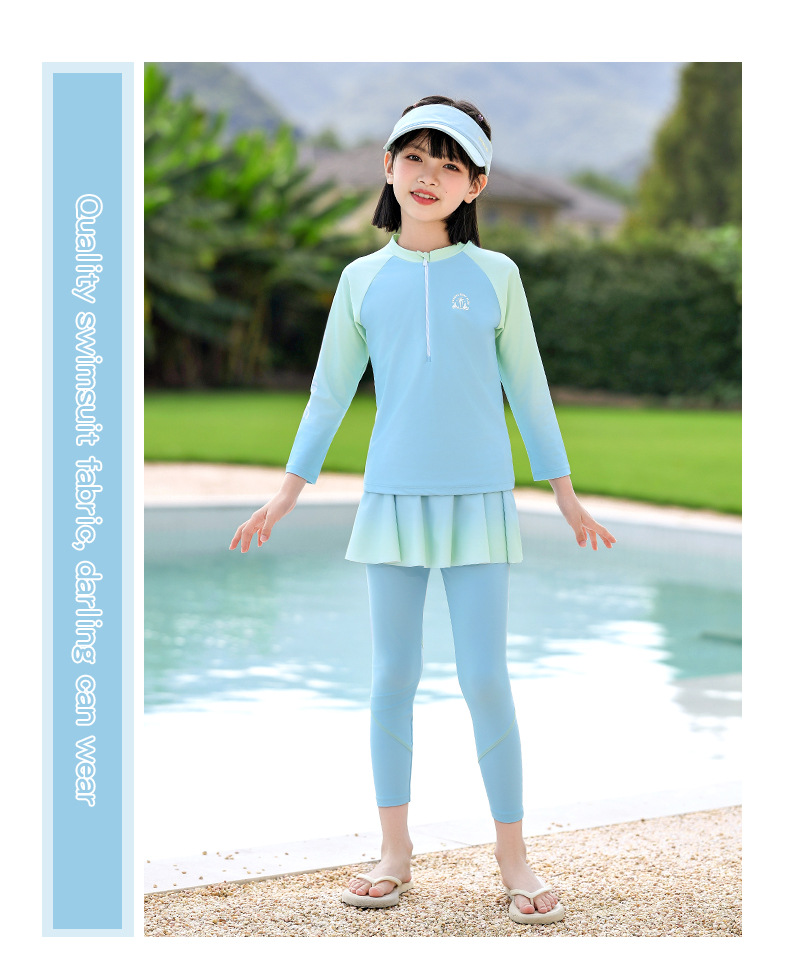 G49 - Set Đồ Bơi Bé Gái Tay Dài Quần Dài Váy SHELLS Màu Xanh – Chống Nắng, Co Giãn, Nhanh Khô