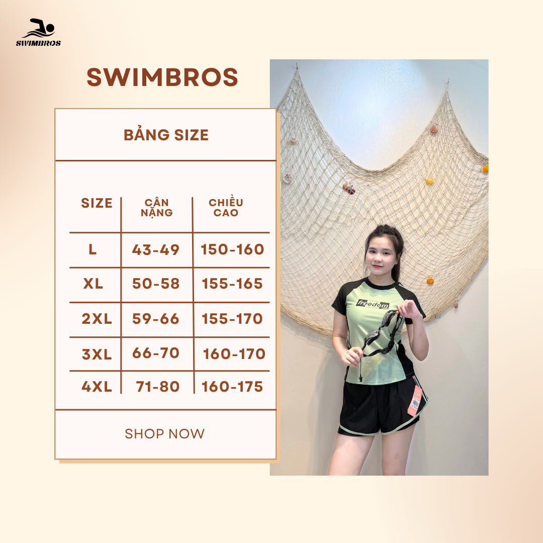 Bảng Size Bộ Đồ Bơi Thể Thao Nữ SwimBros S22 – Tay Ngắn, Quần Đùi 2 Lớp Tôn Dáng