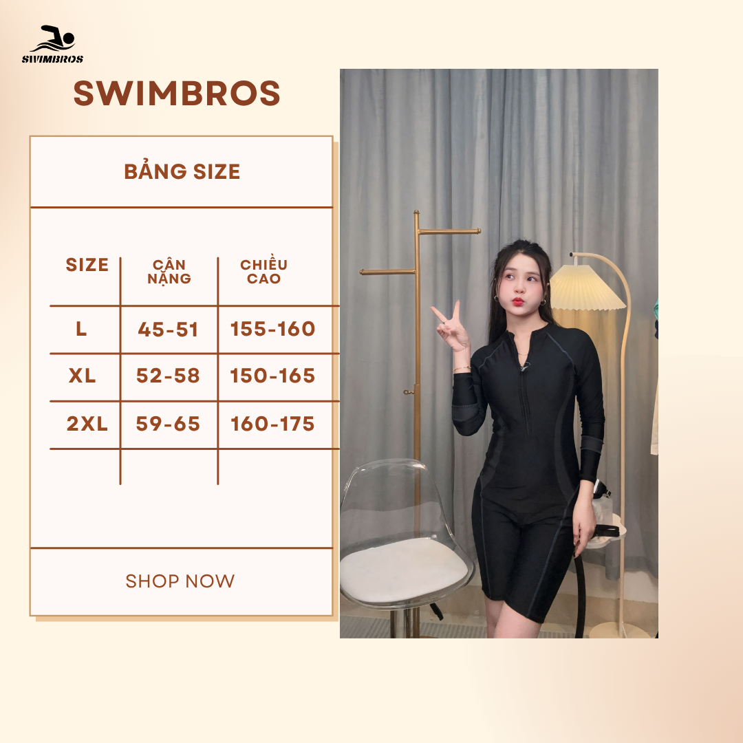 Bảng Size Bộ Đồ Bơi Thể Thao Nữ SwimBros S28 – Tay Dài, Liền Quần Lửng Co Giãn 4 Chiều