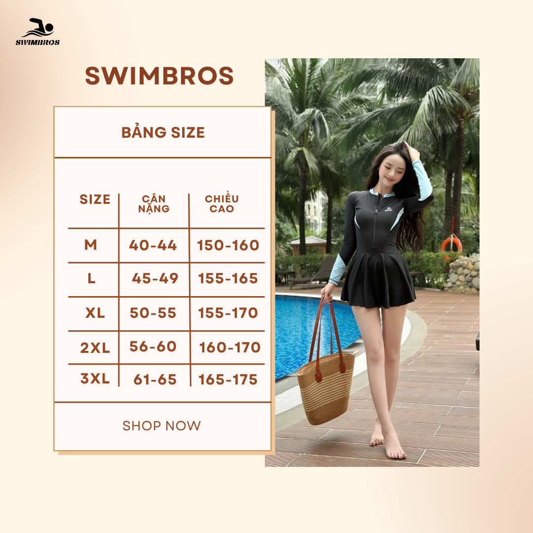 Bảng Size S35 Váy Bơi Thể Thao Nữ Swimbros Dài Tay - Có Khóa Zip Kháng Tia UV Tôn Dáng( Đen Xanh Biển)