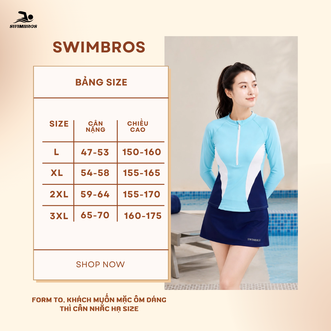Bảng Size S46 - Set Bơi Nữ Tay Dài Quần Giả Váy - SWIMBROS