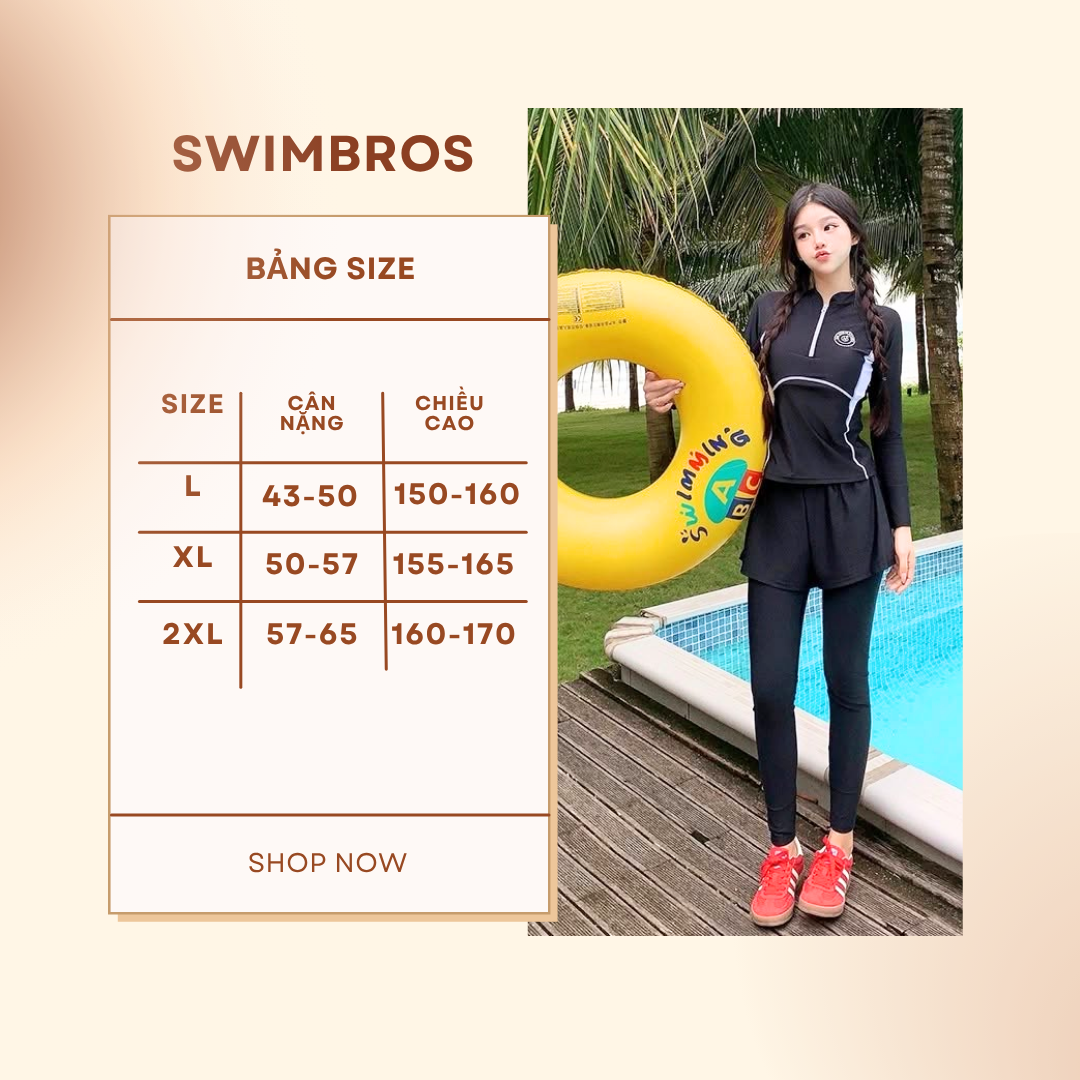 Bảng Size S47 - Đồ Bơi Nữ Dài Tay Chống Nắng Cao Cấp – Thiết Kế Xẻ Tà Che Bụng, Tôn Dáng Kín Đáo