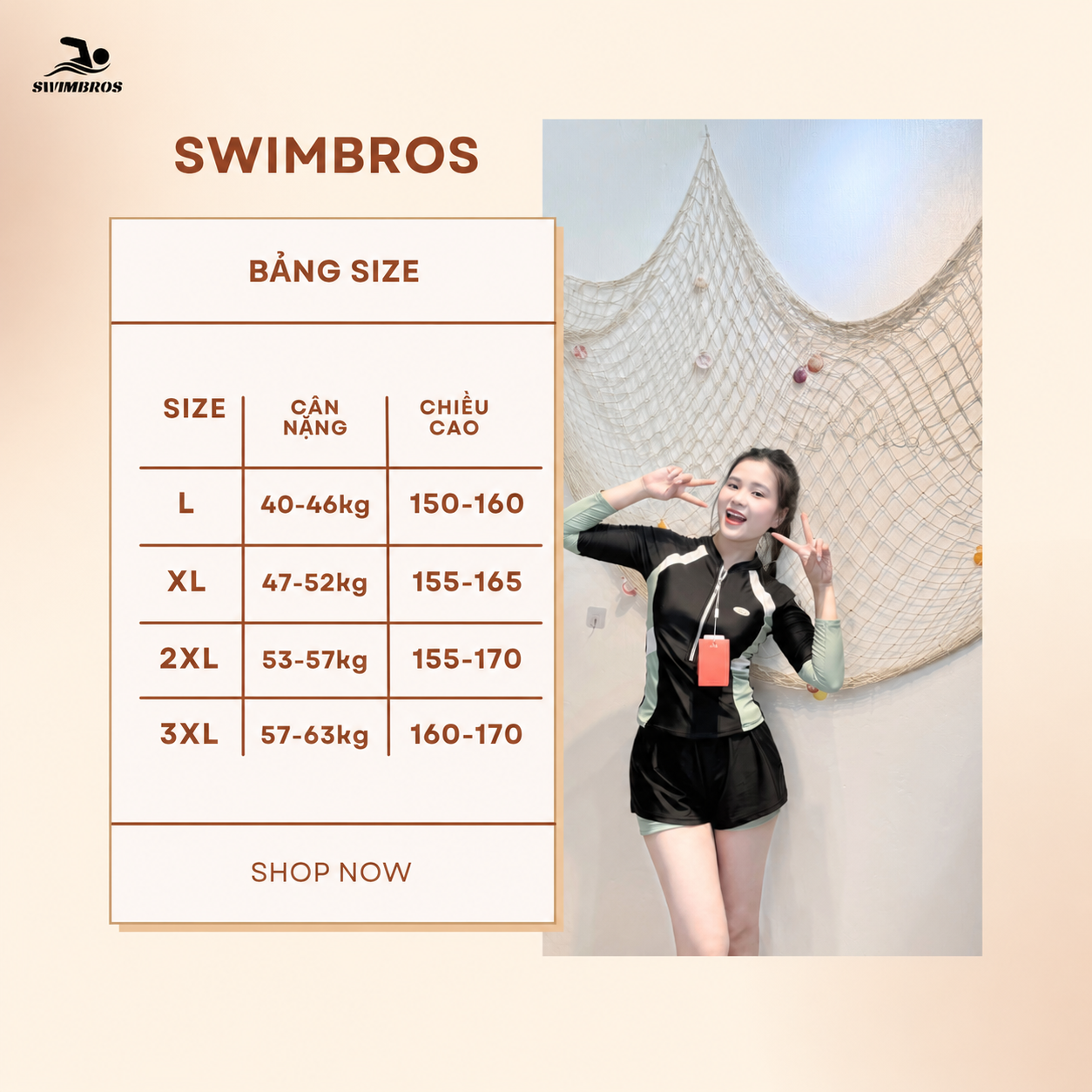 Bảng Size Đồ Bơi Nữ Tay Dài Chống Lạnh SwimBros S51 – Vải Polyester Cao Cấp, Co Giãn 4 Chiều