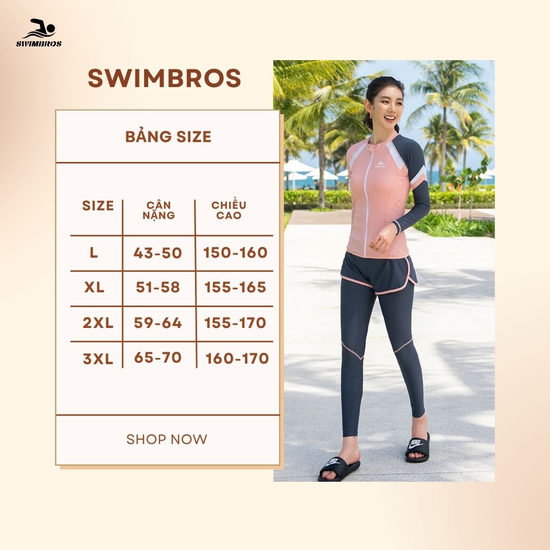 Bảng Size Set Bơi Nữ Dài Tay Quần Dài SwimBros S95 Chống Nắng, Che Kín Cơ Thể, Mặc Đi Biển