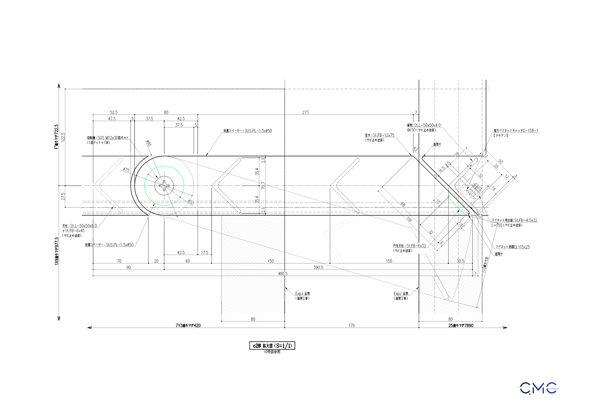 Enlarged stair railing connection detail drawing using AutoCAD 2D