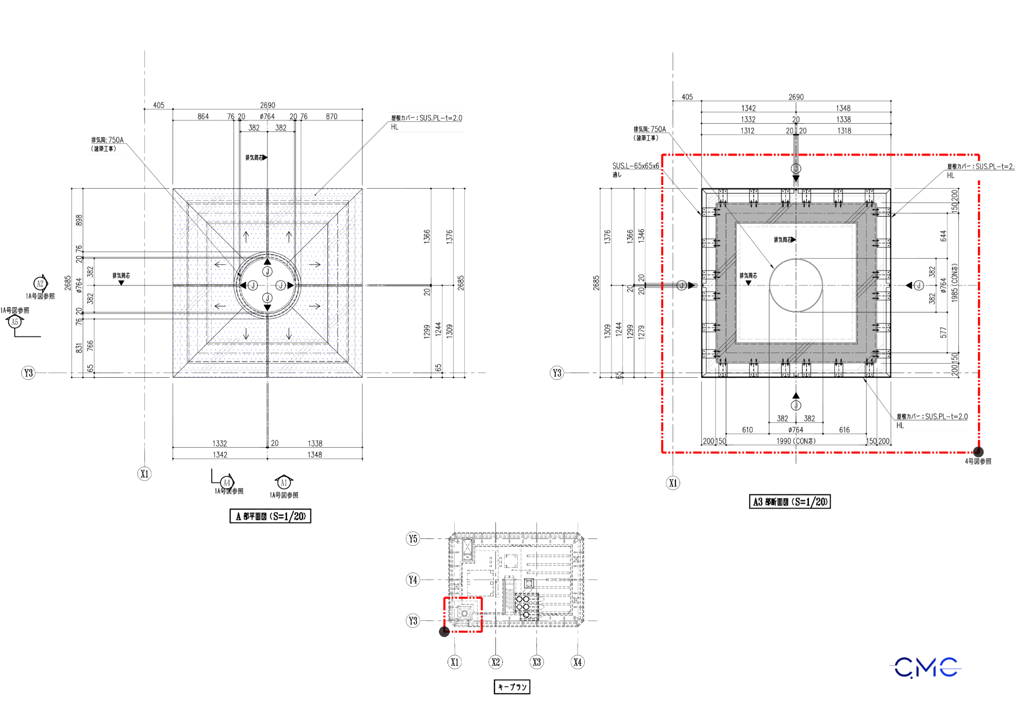 Plan drawing for top panel installation of exhaust and ventilation duct