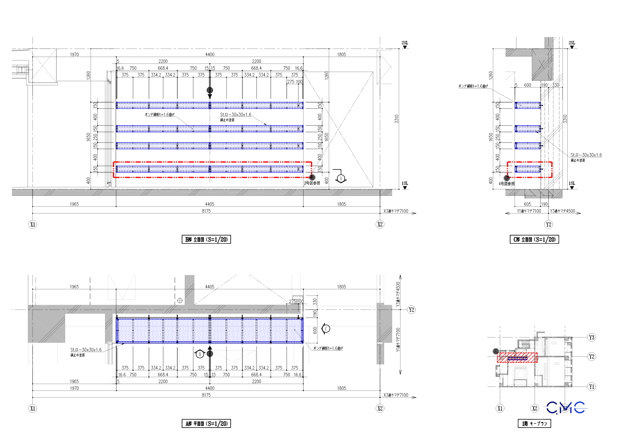 Plan drawing of steel box frame for green wall system