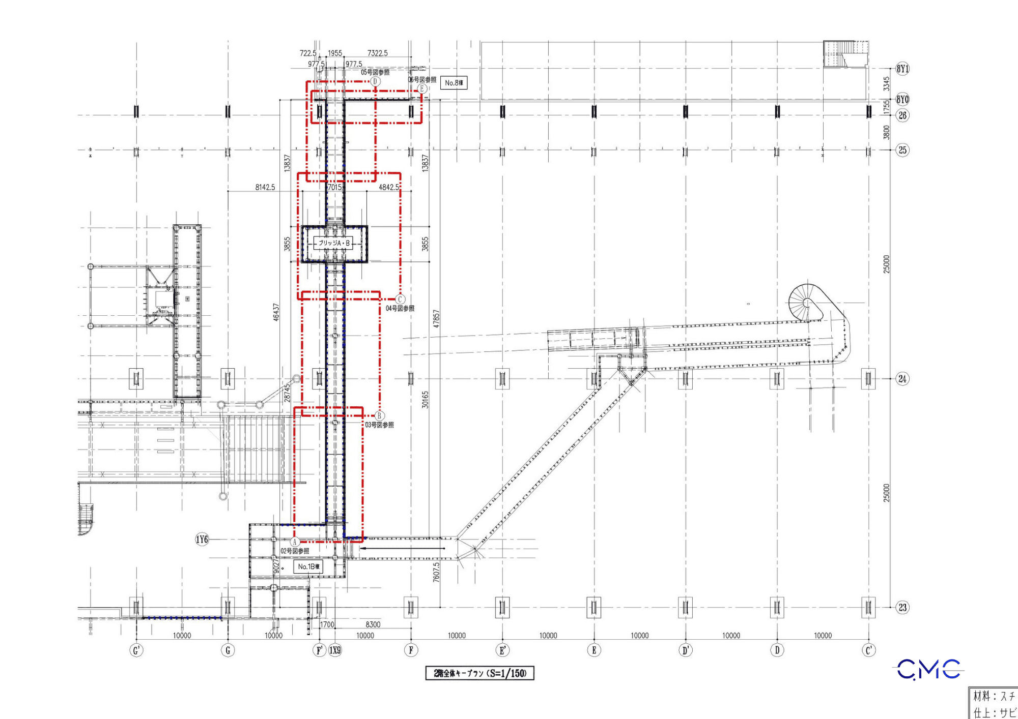 Overall second floor stair railing plan drawing for Areas A and B