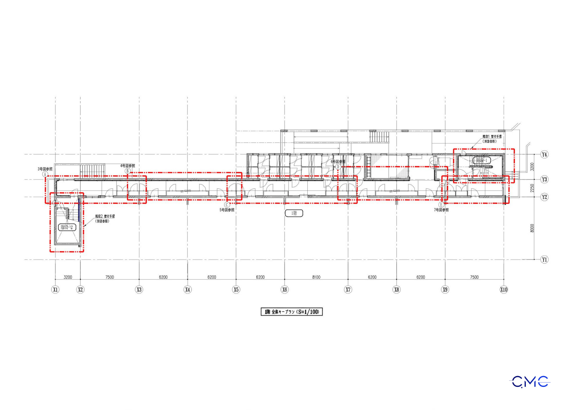 First-floor plan of wall-mounted corridor handrails