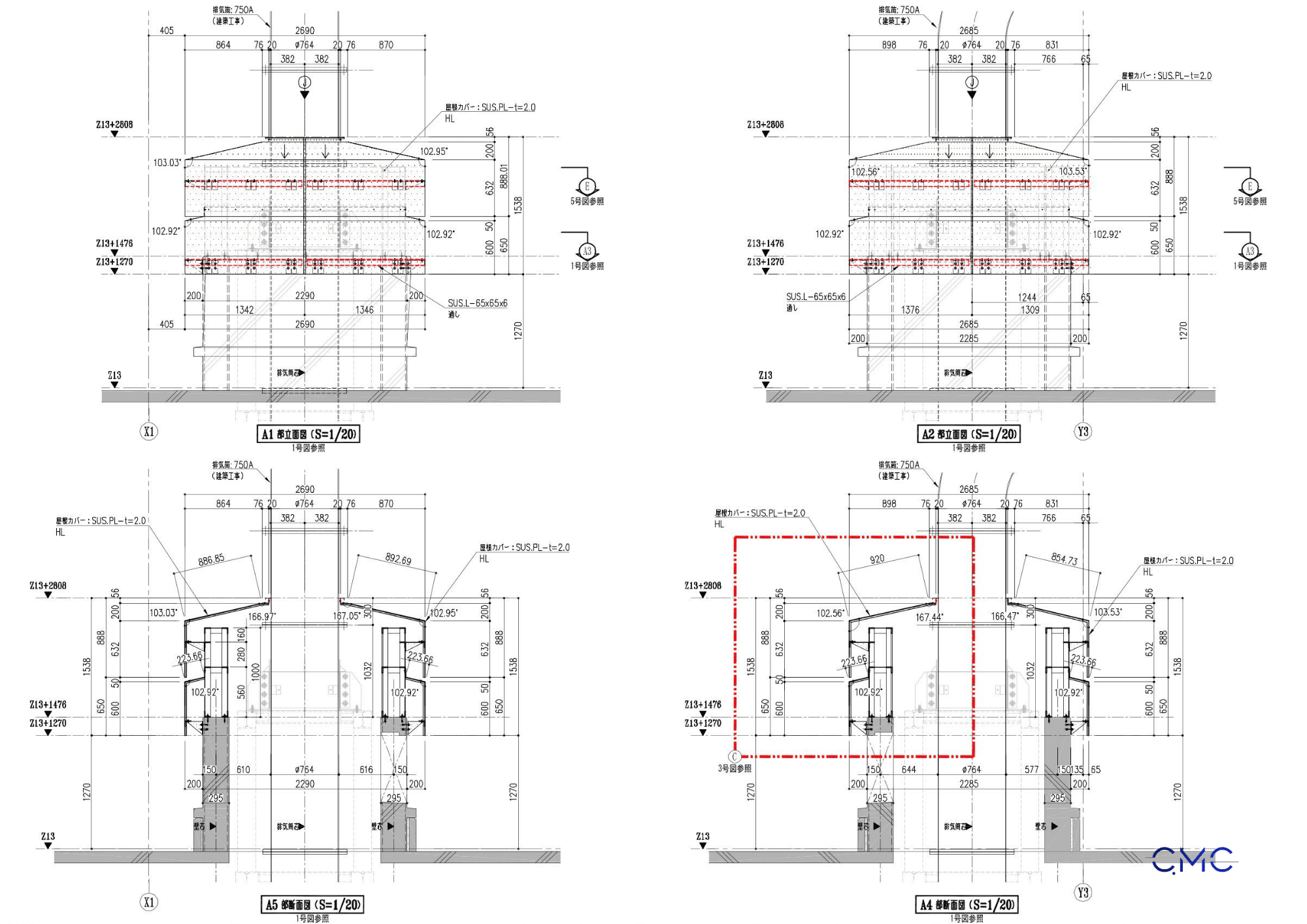 Elevation drawing of top panel for exhaust and ventilation duct