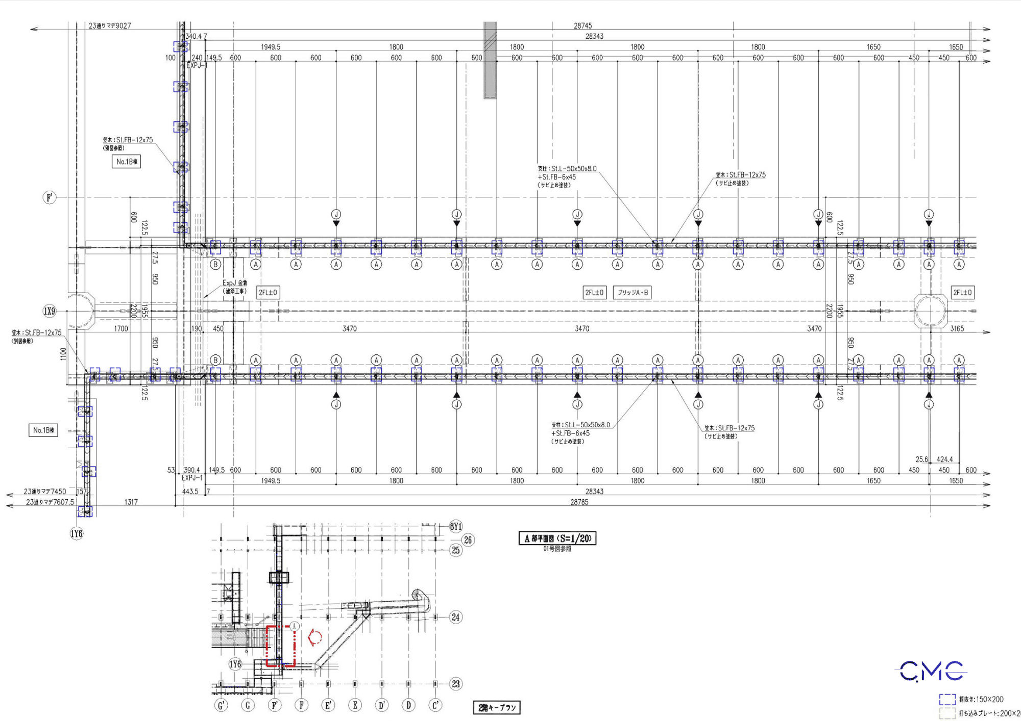 AutoCAD 2D Area A stair railing plan drawing on the second floor