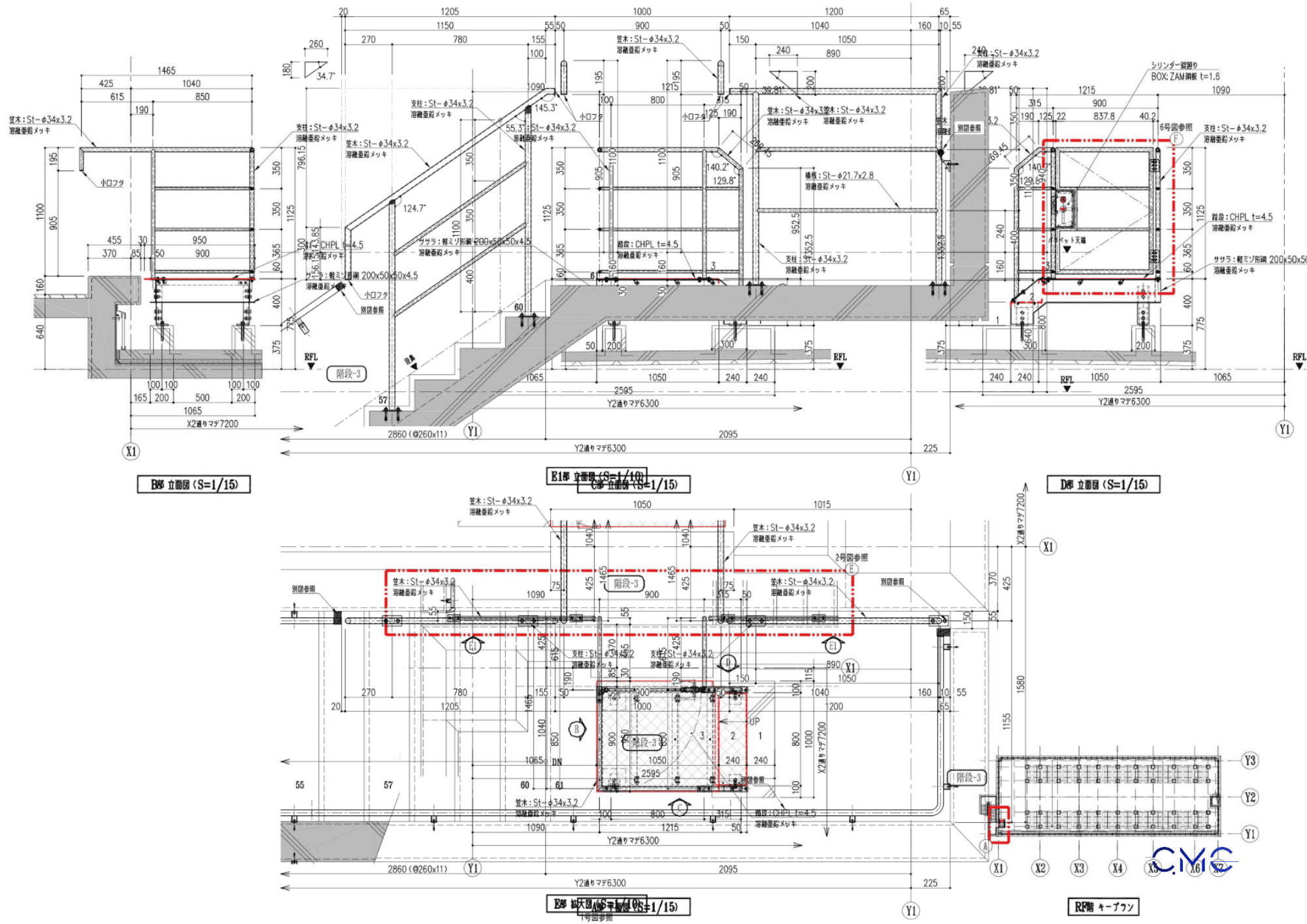 Elevation drawing of outdoor steel staircase and handrail