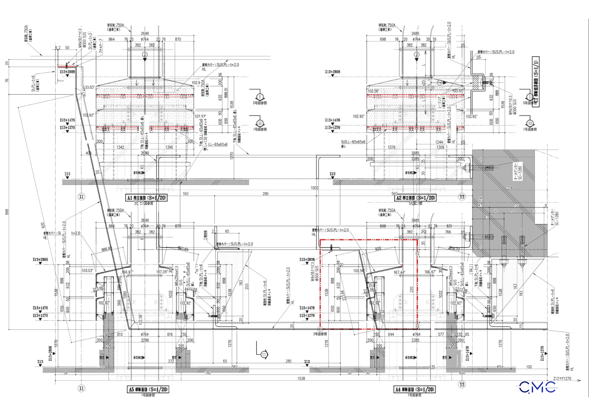 Detailed section drawing of top panel for ventilation duct