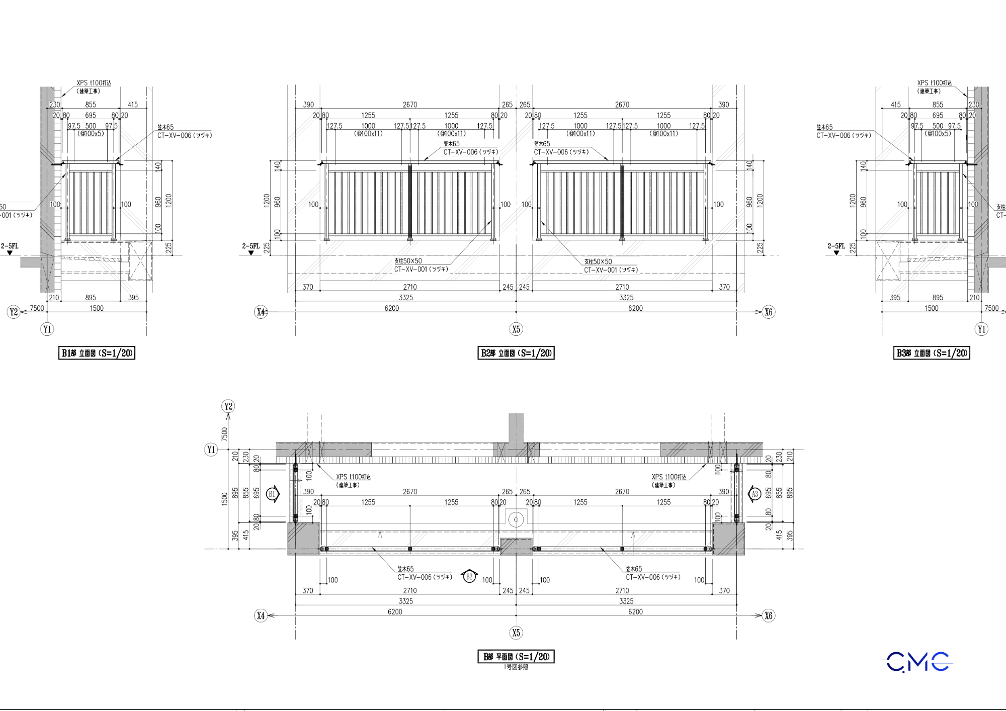 Detailed elevation drawing of aluminum balcony railings