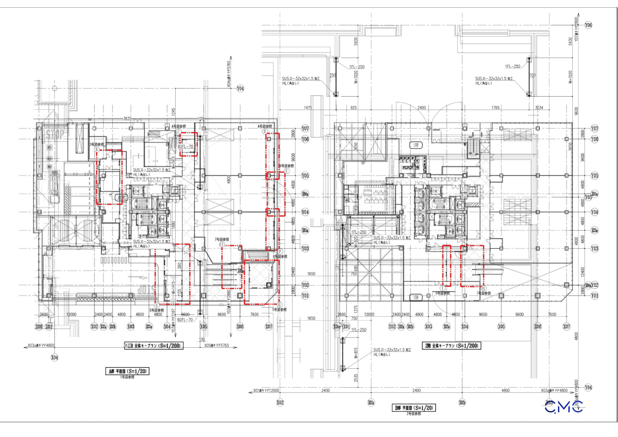 Detailed plan drawing of the escalator glass handrail frame