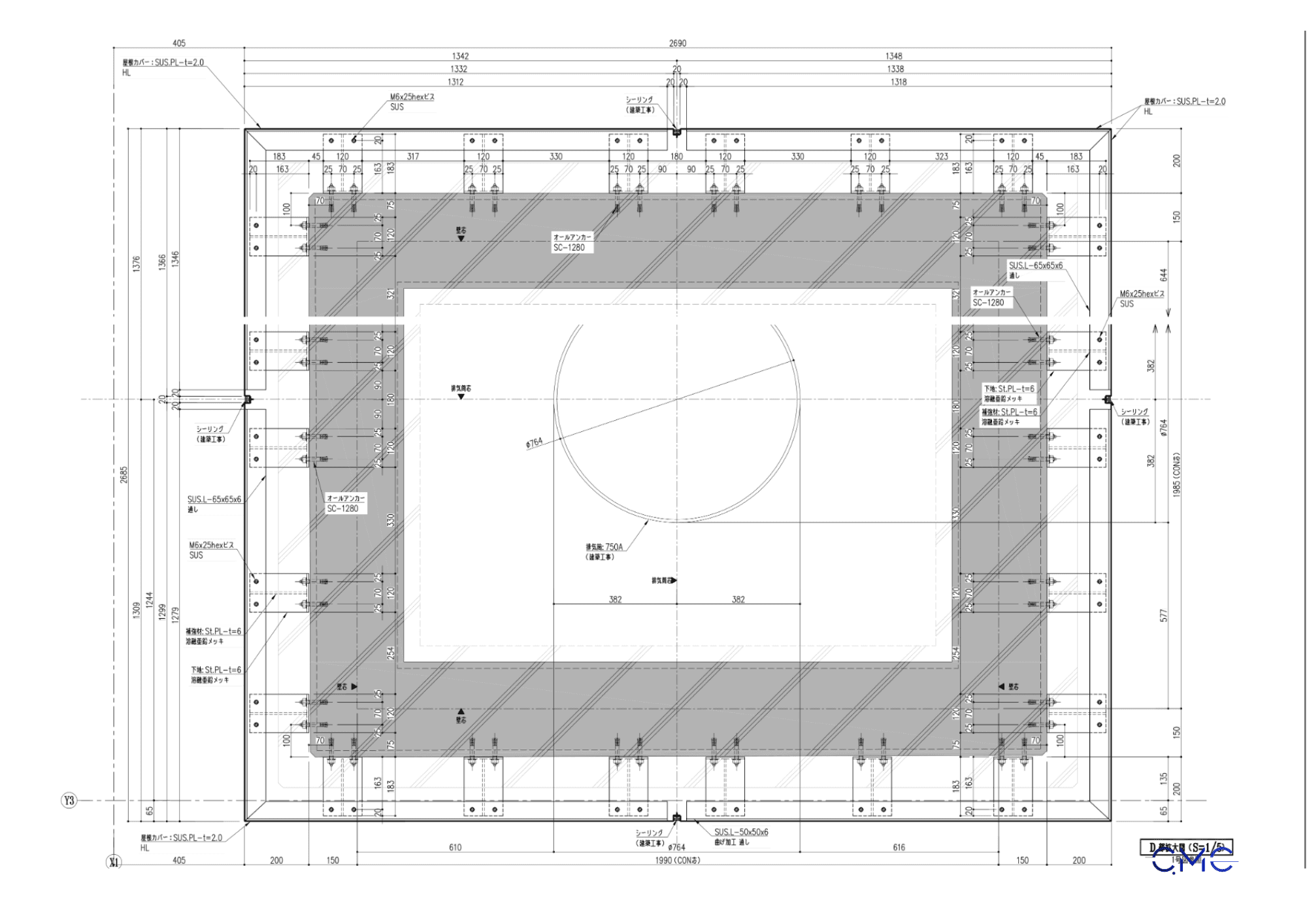 Structural detail of top panel for exhaust duct fabrication