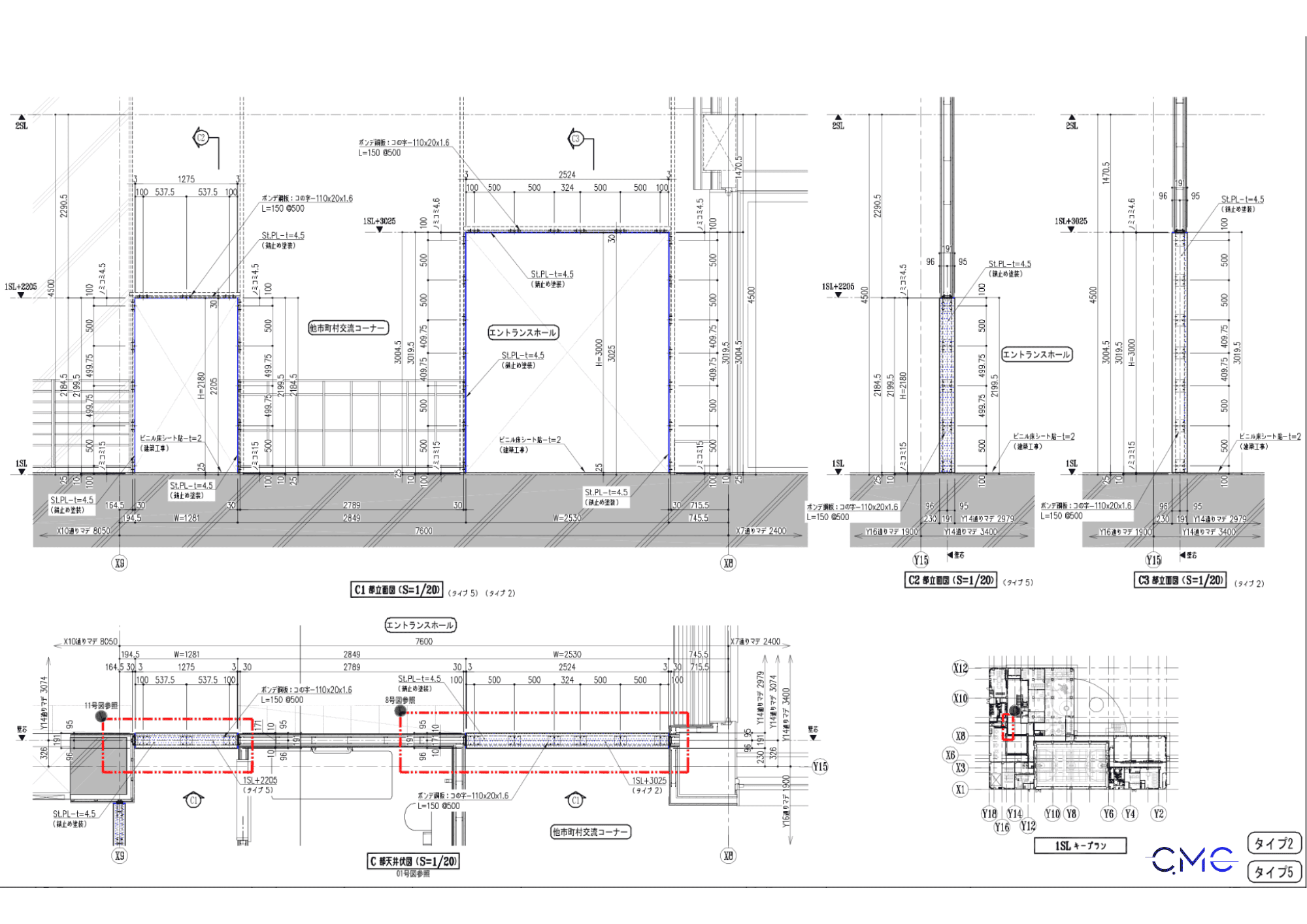 Elevation drawing of three-sided frames in fabrication and installation drawings