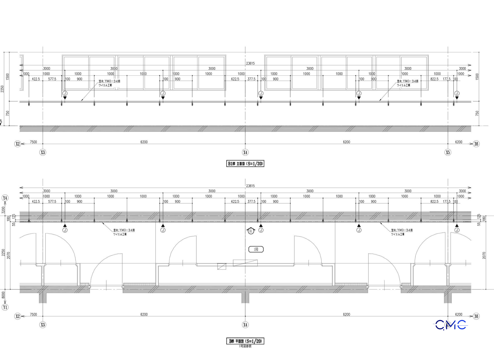 Long corridor elevation showing continuous wall-mounted handrails