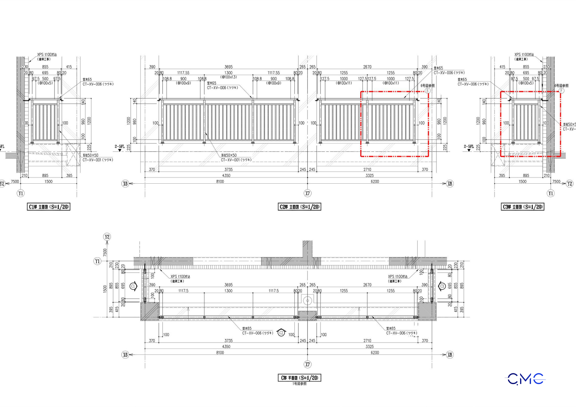 Typical detail area of aluminum balcony railing drawing