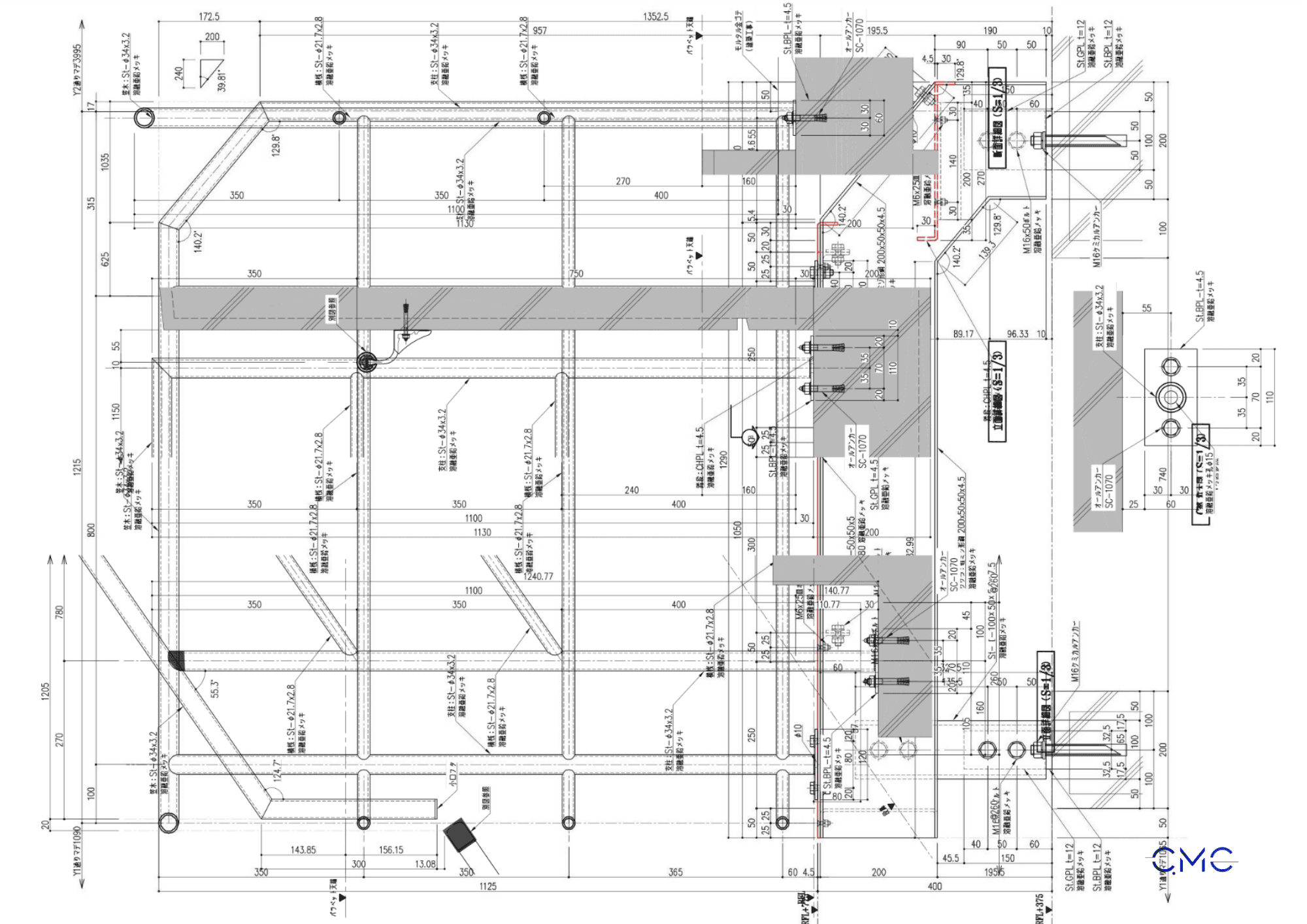 Base plate and bolt connection details for outdoor steel staircase