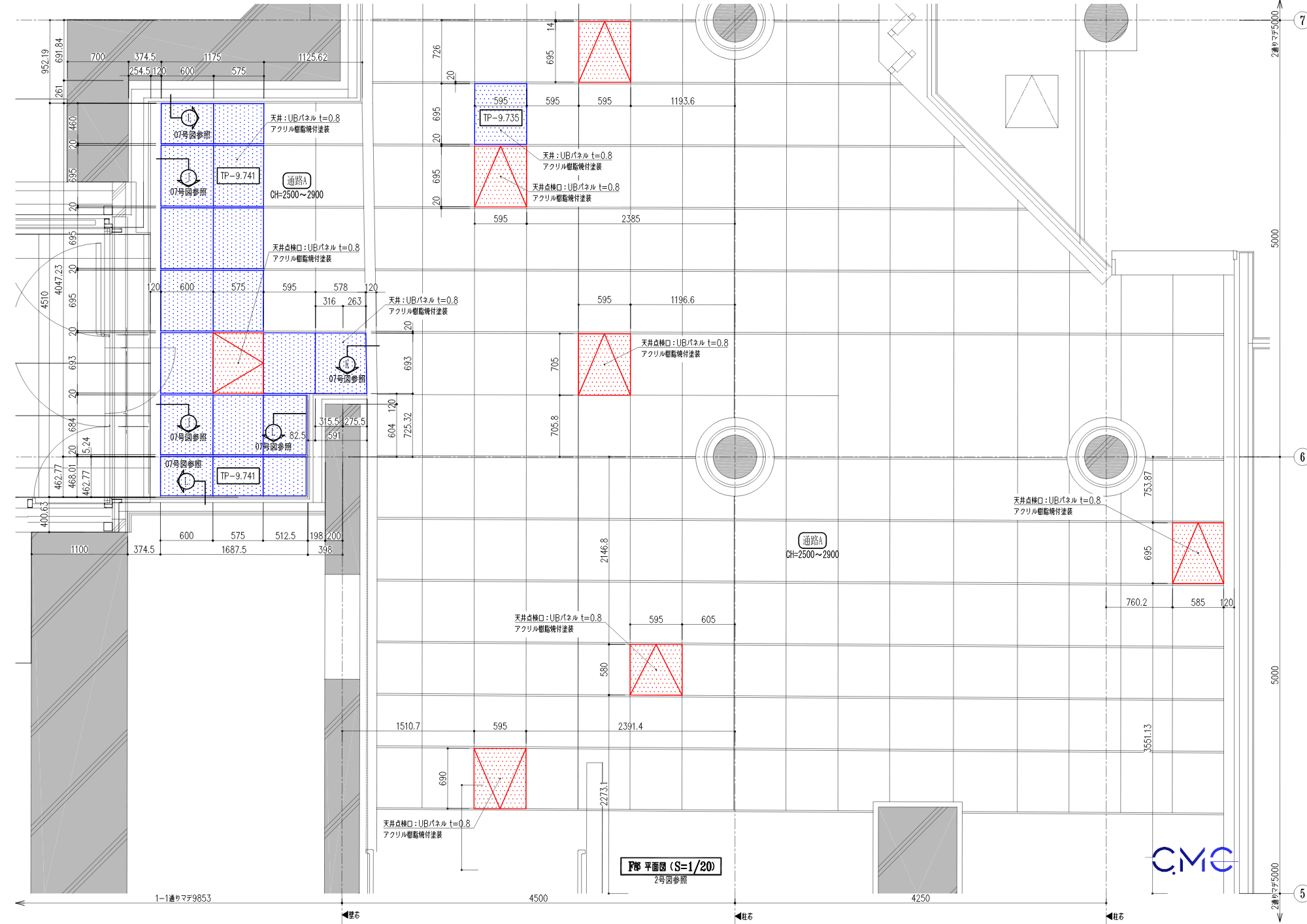 Detailed cross-section of the ceiling system and access hatch in the construction drawings