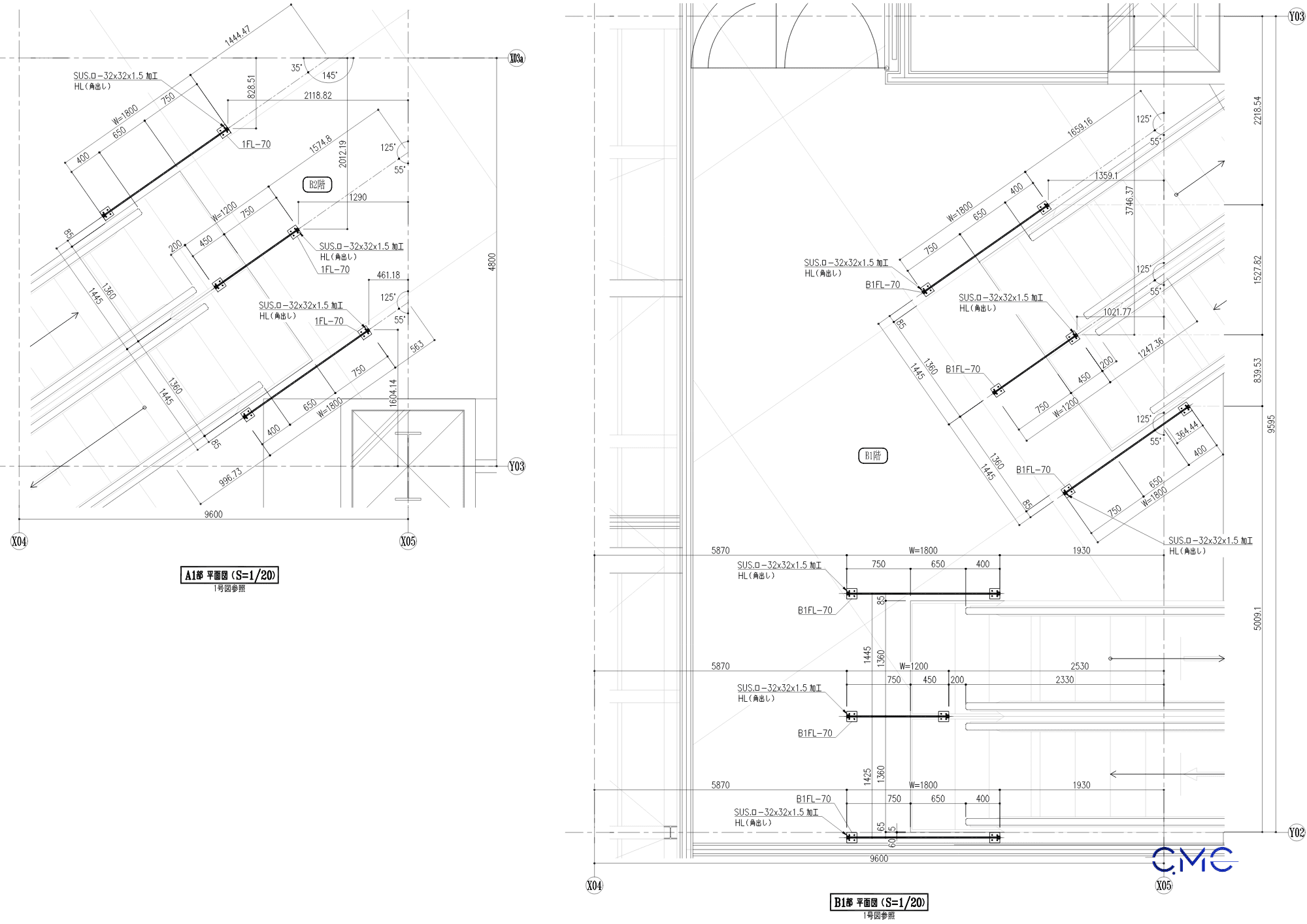 Plan drawing of the glass handrail framework for the escalator area