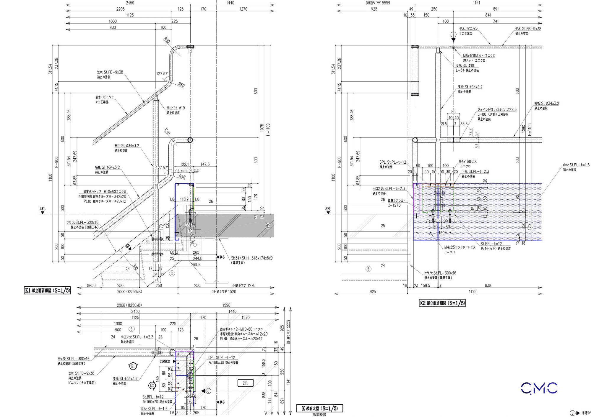Technical detail drawing of stair railing handrail post and base plate connection