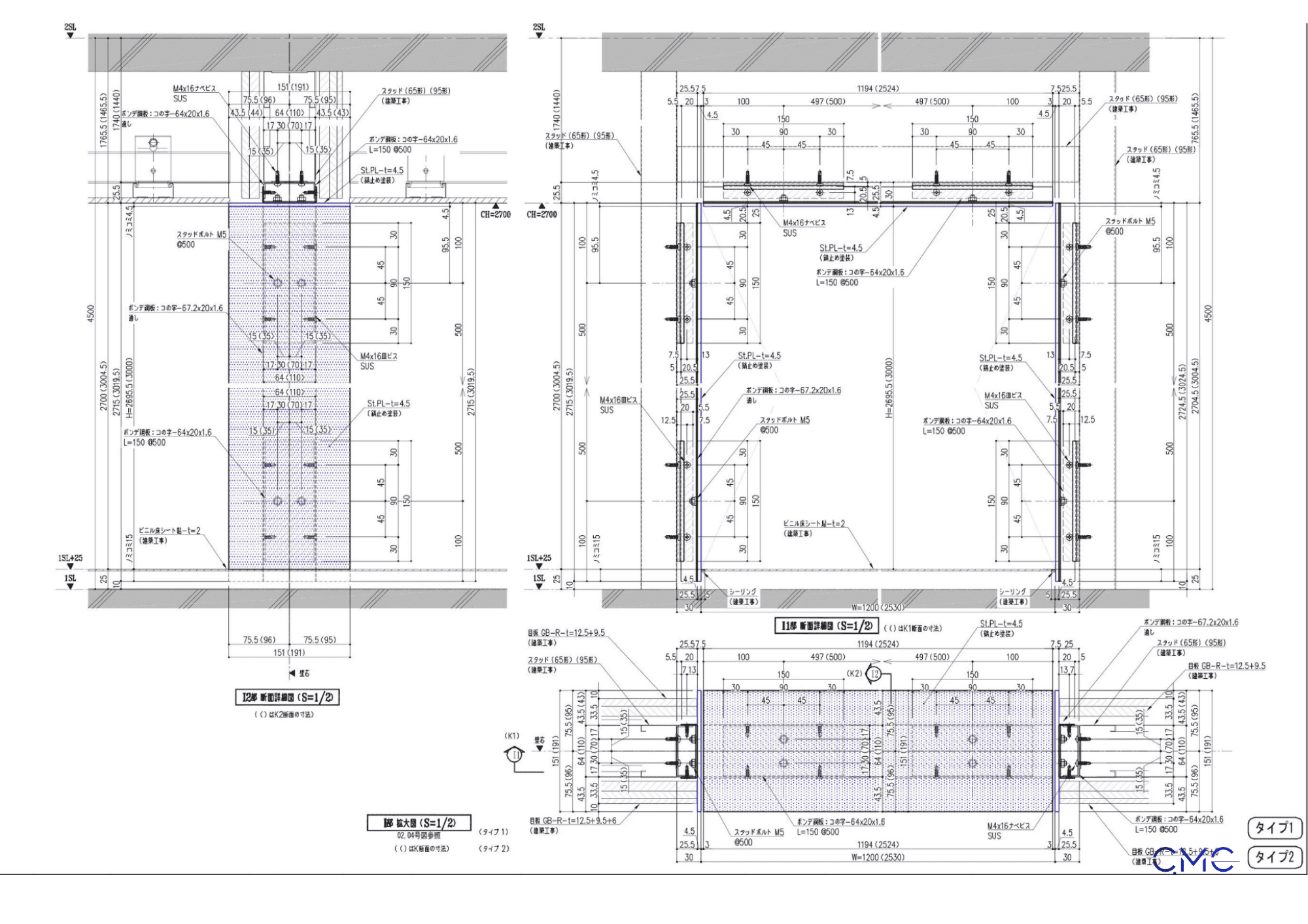 Connection details of three-sided frames in technical drawings