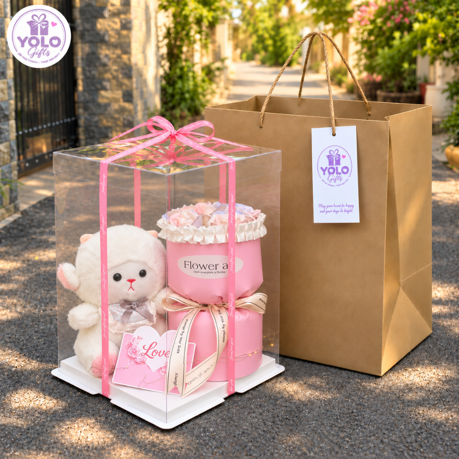 Sét quà tặng gấu bông baby three, lena, kuromi. gấu bông quà tặng đựng trong hộp trong suốt quà tặng cute