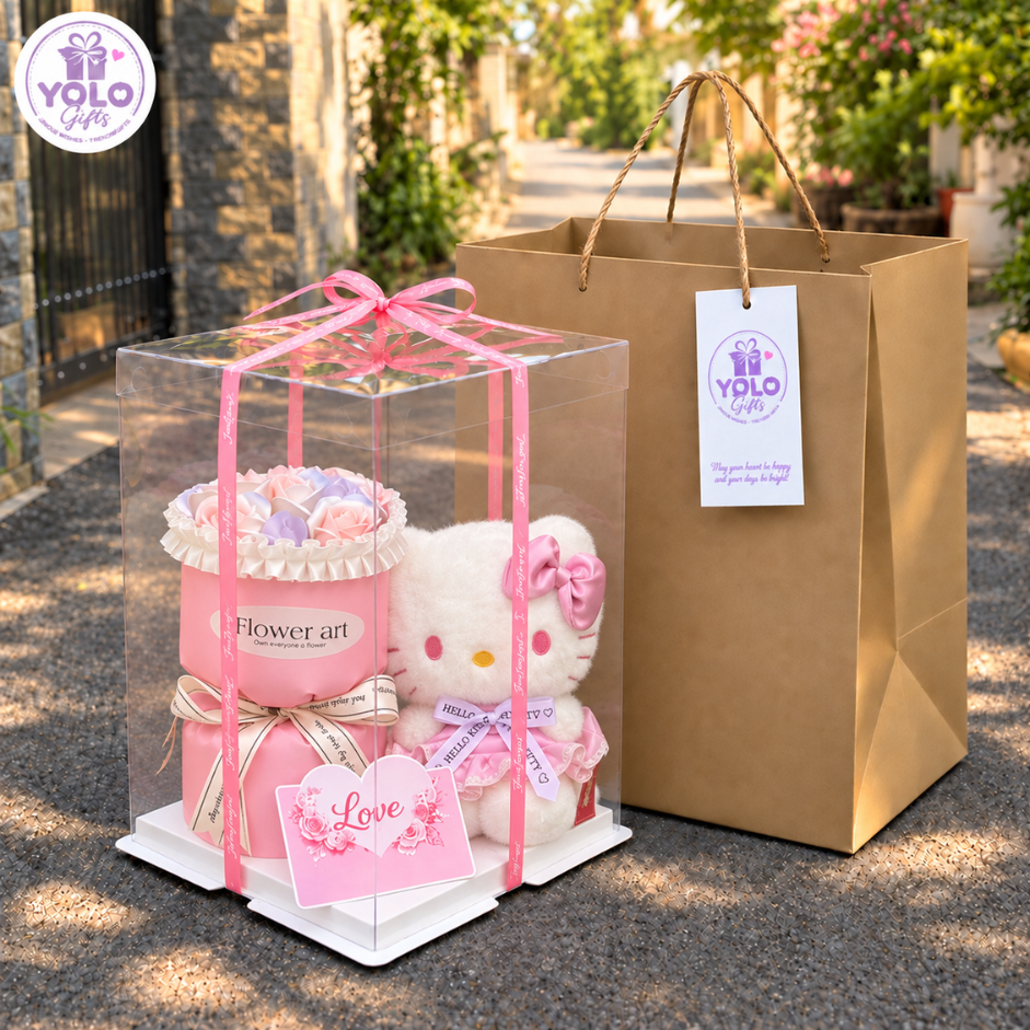 Sét quà tặng gấu bông baby three, lena, kuromi. gấu bông quà tặng đựng trong hộp trong suốt quà tặng cute