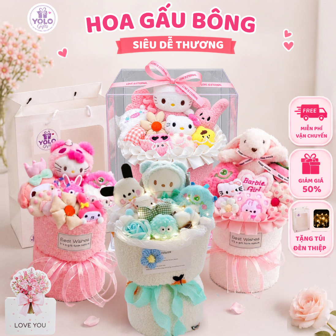 Bó hoa gấu bông siêu dễ thương.sét hoa quà tặng sinh nhật , 14/2 , 8/3
