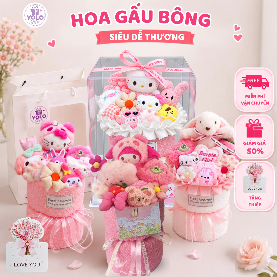 Bó hoa gấu bông siêu dễ thương.sét hoa quà tặng sinh nhật , 14/2 , 8/3 (tặng kèm túi và đèn nhấp nháy)
