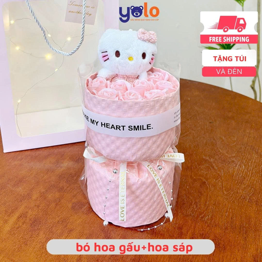 Bó hoa gấu bông siêu dễ thương.sét hoa quà tặng sinh nhật , 14/2 , 8/3 (tặng kèm túi và đèn nhấp nháy)