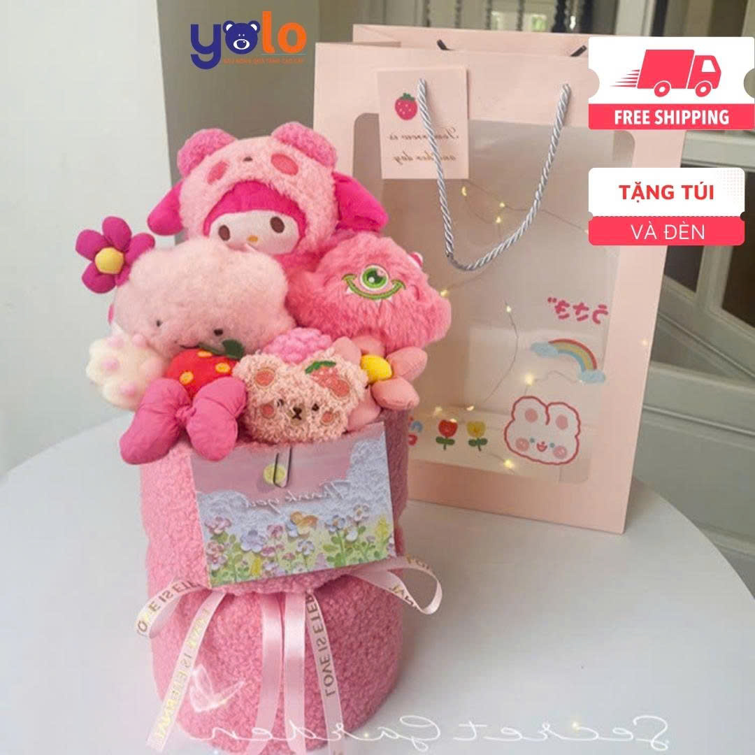 Bó hoa gấu bông siêu dễ thương.sét hoa quà tặng sinh nhật , 14/2 , 8/3 (tặng kèm túi và đèn nhấp nháy)
