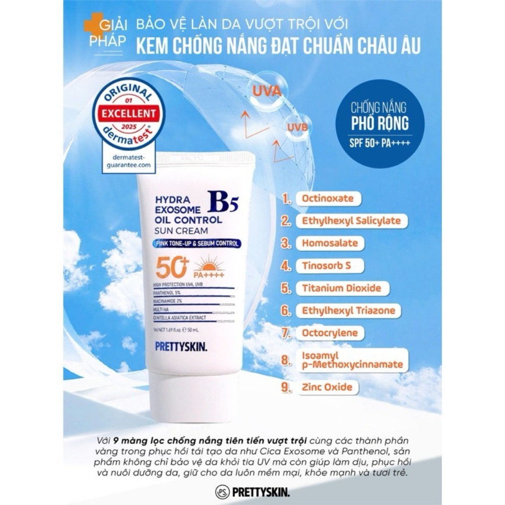 Kem chống nắng phục hồi Hydra B5 Exosome Prettyskin - 50ml