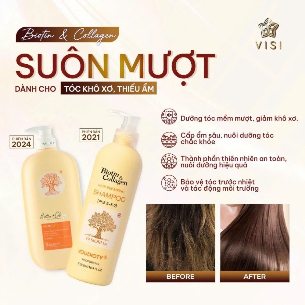 Dầu gội xả Biotin Collagen Voudioty 500ml - 1000ml chống rụng tóc, phục hồi , giảm gàu, kiểm soát dầu (tròn)