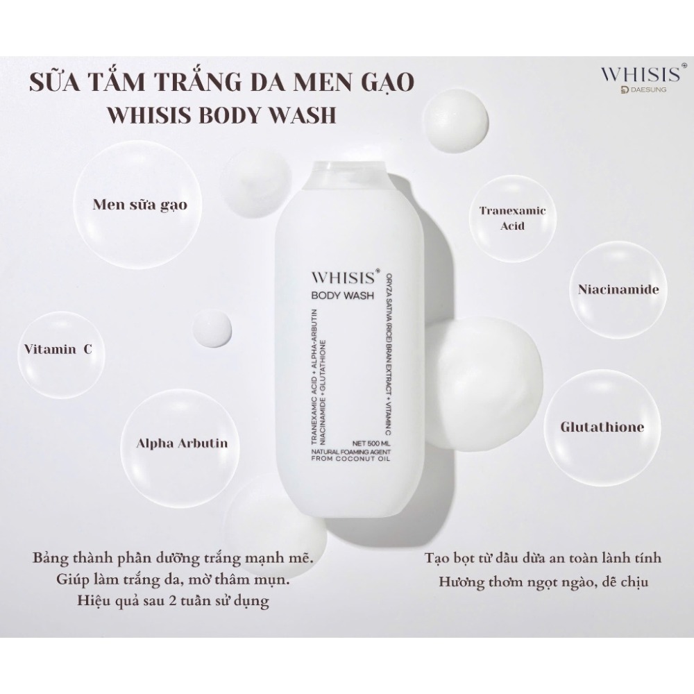 Sữa Tắm Cao Cấp WHISIS + Làm Sáng Mịn Da + Body Wash Men Gạo 500ml + Tăng Cường Dưỡng Ẩm Từ Dầu Dừa 500ML