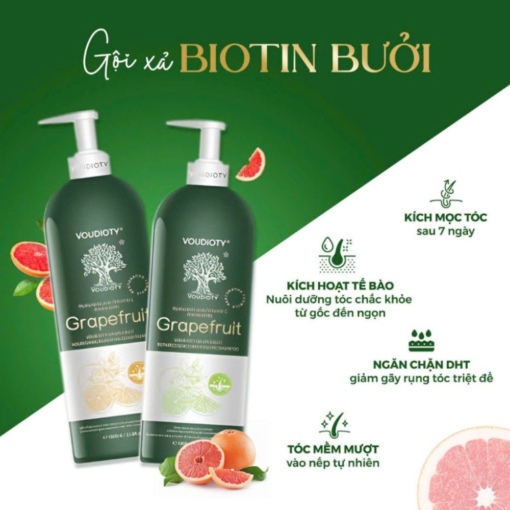 Cặp Dầu Gội Xả Bưởi Biotin Voudioty 500ML - 1000ML Giúp giảm rụng tóc, kích mọc, phục hồi tóc hư tổn